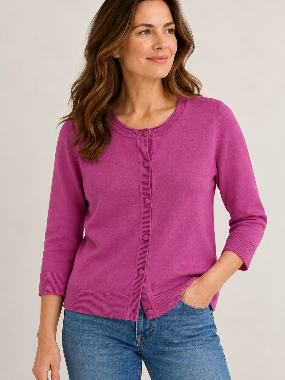 Talbots Magenta Crewneck Button-Front Cardigan small
